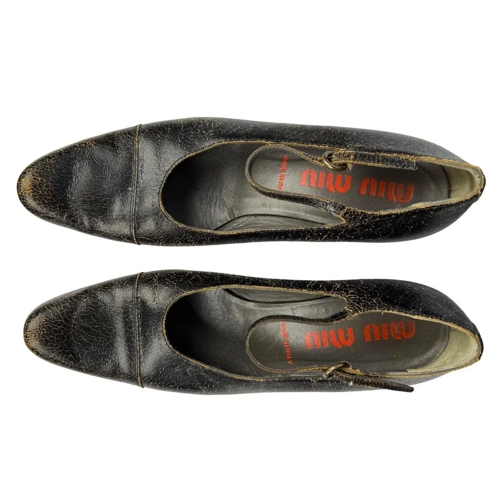 Vintage 2001 MIU MIU‎ Size 37 Black Crackle Leather Mary Janes Kitten Heels Y2K